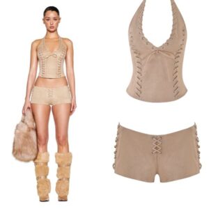 Womens Two Piece Sets faux suede princess slim fit top with lines eyelets tie straps hanging neck top low waist hot pants