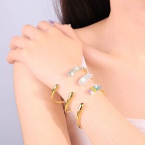 Ins Simple Fashion Stainless Steel CZ Zircon Gemstone C Shape Bangle Irregular Opening Waterproof Anti-Rust Bracelet For Women