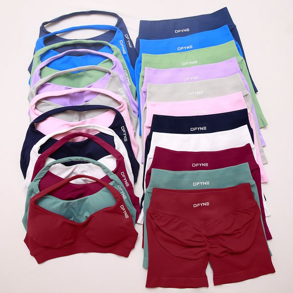 Dyfne 2pcs Impact Sports Set Seamless Yoga outfits Workout Sets dfyn shorts womens matching Halter Bra Set Summer Fitness Clothes Gym Suits Outfit Active Wear