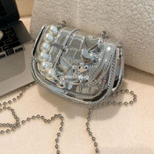 High end niche design pearl chain small bag women's new trend trendy mini bag silver high-end texture mobile phone bag crossbody bag designer bag