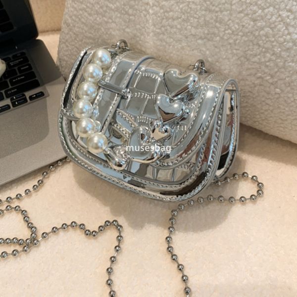 High end niche design pearl chain small bag women's new trend trendy mini bag silver high-end texture mobile phone bag crossbody bag designer bag