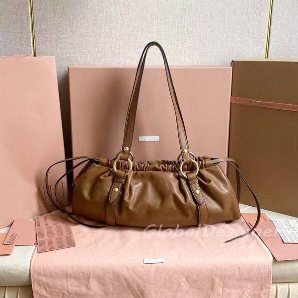 large capacity ruched bags casual plain vintage hobos luxury designer shoulder bags women drawstring daily outfit canvas lining black lambskin genuine leather 9A