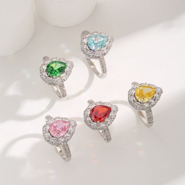 Luxury Pear-Shaped Gemstone Halo Ring with Diamonds, Available in Ruby, Emerald, Yellow Zirconia for Engagement or Special Occasions