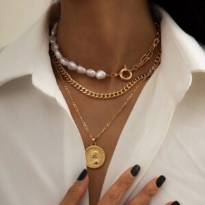 Trendy Multi-Layered Necklace with Coin Pendant & Pearls, Stylish Gold Silver Layered Chain Jewelry for Women