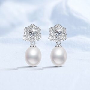 Moissanite Stud Earrings S925 Sterling Silver with Natural Freshwater Pearls, Camellia Flower Design, High-End Fashion Earrings for Women, Wholesale