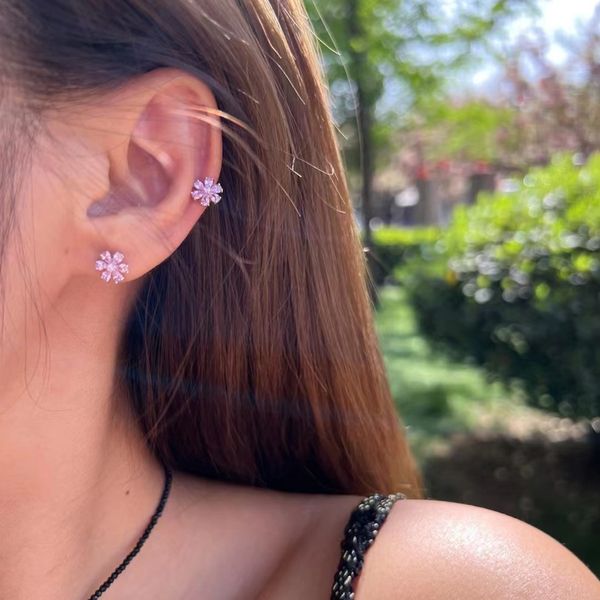 2025 Delicate 925 Silver Pink Tourmaline Flower Ear Stud Cherry Earrings Ins Sparkling Pink Crystal Ear Cuff For Gifts Hot-selling Designs