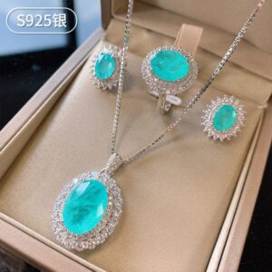 S925 Silver Classic Faux Paraiba Stone Ring Earrings Pendant Three-Piece Set, Wedding Jewelry Set, Stylish High-Quality Faux Gemstone Accessories