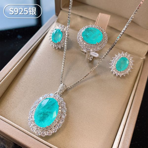 S925 Silver Classic Faux Paraiba Stone Ring Earrings Pendant Three-Piece Set, Wedding Jewelry Set, Stylish High-Quality Faux Gemstone Accessories