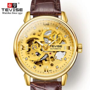 TEVISE New Style Business Fashion Men's Automatic Mechanical Watch with Leather Strap Hollow out Wrist Watch T034-T869