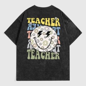 Washed Vintage Short T-Shirt Unisex Cotton Temu Loose Trendy Brand Smiley Face Half Sleeve