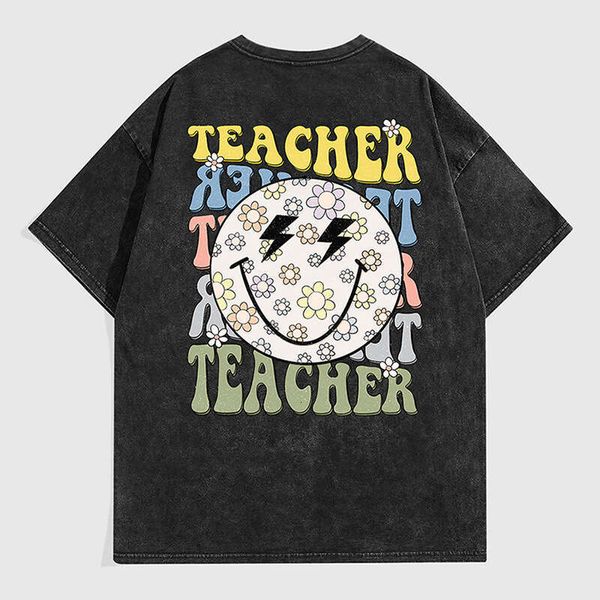 Washed Vintage Short T-Shirt Unisex Cotton Temu Loose Trendy Brand Smiley Face Half Sleeve