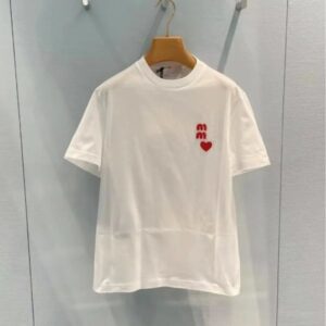 2025 Spring New Love Short Sleeve T-shirt Women Round Neck Embroidery Loose Cotton Red Heart Print Top BFG2503192