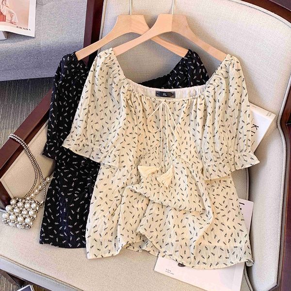 Plus size, floral top, summer loose fit with belly covering chiffon shirt, 200 pounds, mm, women's vacation style 3405