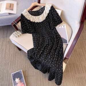 Plus size, summer slightly mm floral dress, cover flesh and showing slimness, lace patchwork skirt 3409