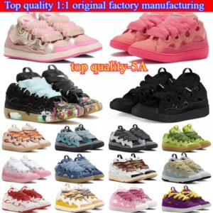 top quality-Fashion Leather Curb Sneakers Casual Dress Shoes Mens Womens Denim Blue Pink White Ivory Calfskin Leopard Platform Rubber Sole Trainers