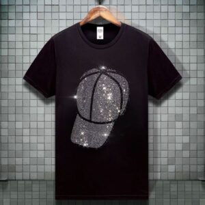 Baseball Cap Trendy Print Men Women Summer T-shirt Fashion Hot Rhinestone Bling T Shirt Harajuku Cotton Tops Tees Chemise Femme