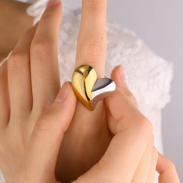 Minimalist Two-Tone Heart Ring, Stylish Open Adjustable Stainless Steel Ring with Gold & Silver Plating for Women