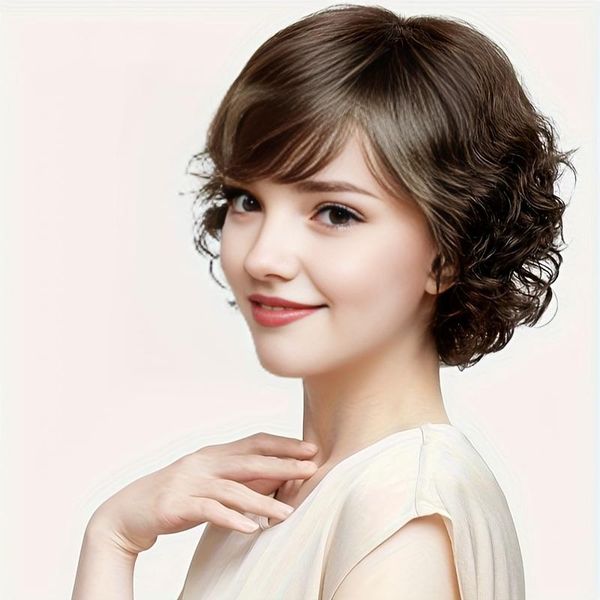 Silk Full Wig with Short Curly Waves for Middle-aged Moms - Comfortable Breathability & Invisible Stitching