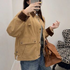 Womens Utility Jacket Vintage Workwear Coat Khaki Bomber Outerwear Fashion Streetwear Asian Size Turn Down Collar Casual Ladies Jacket