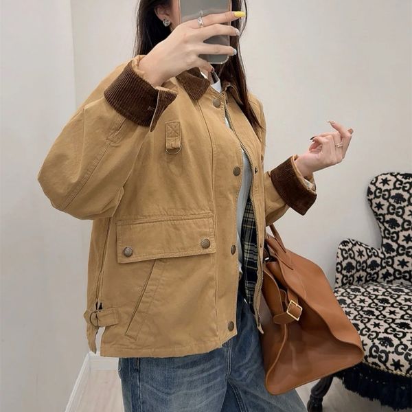 Womens Utility Jacket Vintage Workwear Coat Khaki Bomber Outerwear Fashion Streetwear Asian Size Turn Down Collar Casual Ladies Jacket