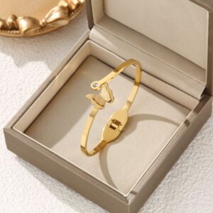Luxury Designer Bangle Bracelet Gold Plated butterfly Open Bangle Crystal Cubic Zircon Women Party Elegant Jewelry Gift no box