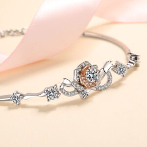 925 Sterling Silver Rose Flower Bracelet with Moissanite Inlay, Elegant and Adjustable for Women, Perfect for Gift and Daily Wear.