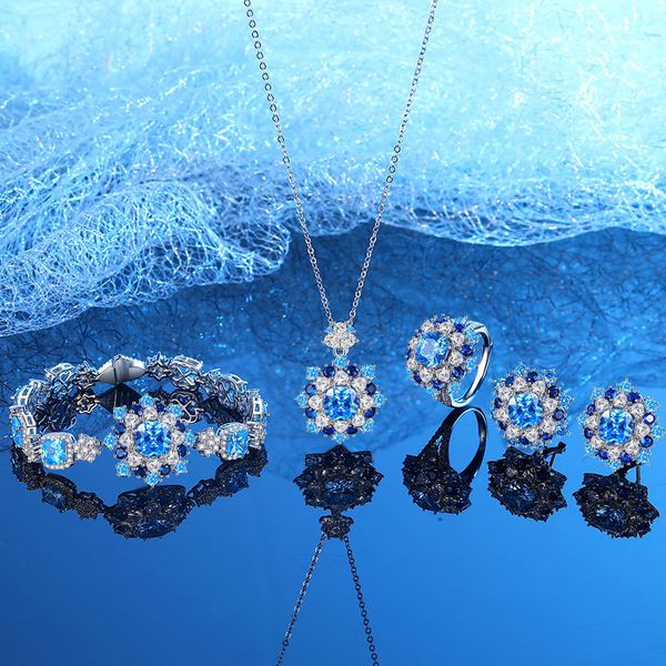 Luxury S925 Sterling Silver Jewelry Set with High Carbon Blue Diamonds, Necklace, Earrings, Bracelet, and Adjustable Ring for Women