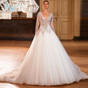 Exquisite Wedding Dress Deep V Neck Sparkly for Women Long Sleeves Squined Beaded Bridal Ball Gowns Vestido de Novia