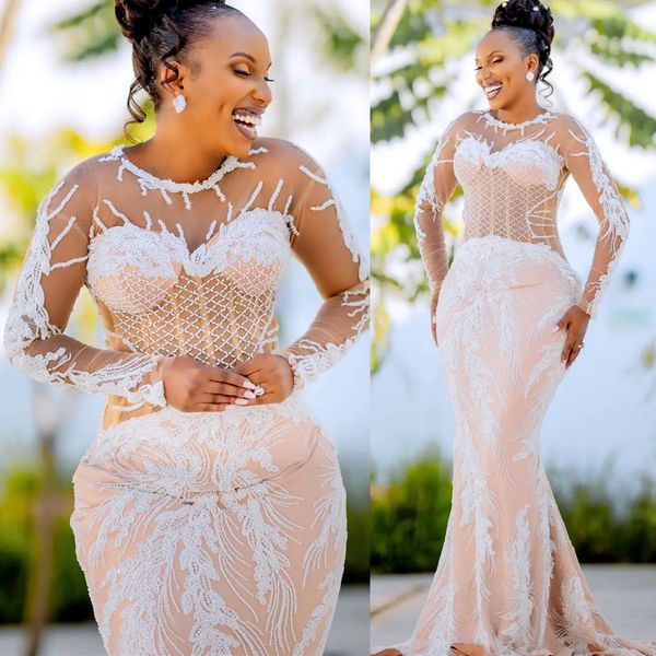 2024 Arabic Aso Ebi Plus Size White Illusion Mermaid Wedding Dresses Lacefull Beaded Vintage Bridal Gowns Dress ZJ64