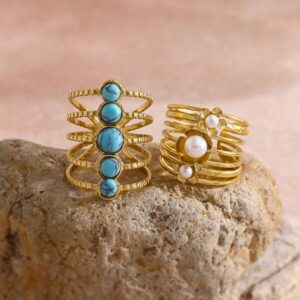 Multi-Layer Turquoise Stone Gold-Plated Adjustable Ring with Pearls, Chic and Elegant Open Design, Wholesale Fashion Jewelry