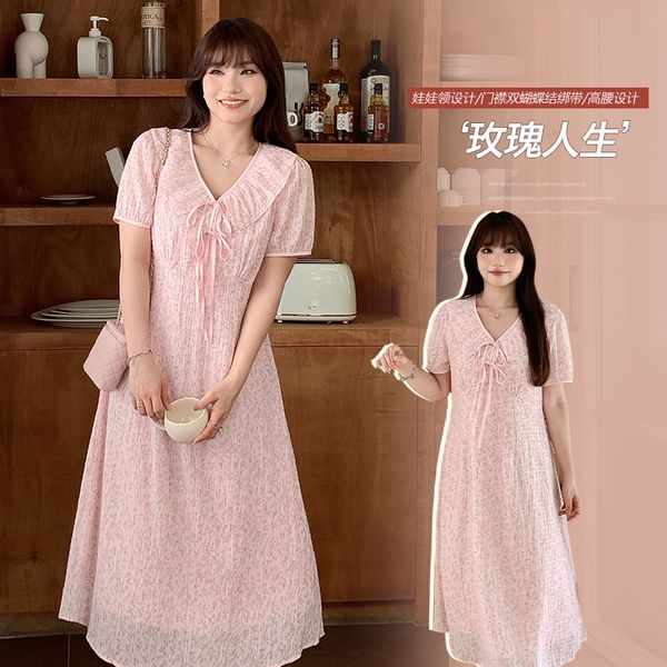 B442 Summer plus size fat mm gentle temperament design floral V-neck ruffled lace-up dress
