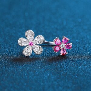 Creative 925 Sterling Silver Open-Ended Flower Ring with Red and White Diamonds, Elegant Floral Design, Perfect Gift for Girlfriend