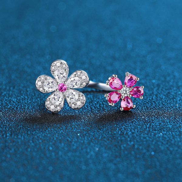 Creative 925 Sterling Silver Open-Ended Flower Ring with Red and White Diamonds, Elegant Floral Design, Perfect Gift for Girlfriend