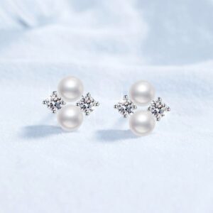 S925 Sterling Silver Stud Earrings, Freshwater Pearl Clover Leaf Moissanite Earrings, D-Color 80-Point Moissanite, Fashion Earrings for Women