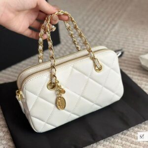 Women Portable Coin Purse Zipper Shoulder Bag Two Pockets Caviar Lambskin Leather Quilted Gold Pendant Hardware Matelasse Chain Crossbody Clutch Handbag 20x11cm