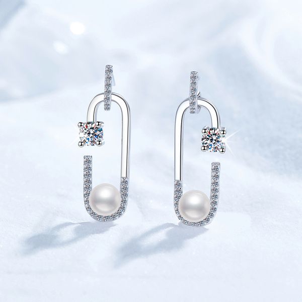 S925 Sterling Silver Stud Earrings with Moissanite and Natural Freshwater Pearls, High-End Personalized Earrings, Women's Fashion Stud Earrings, Wholesale