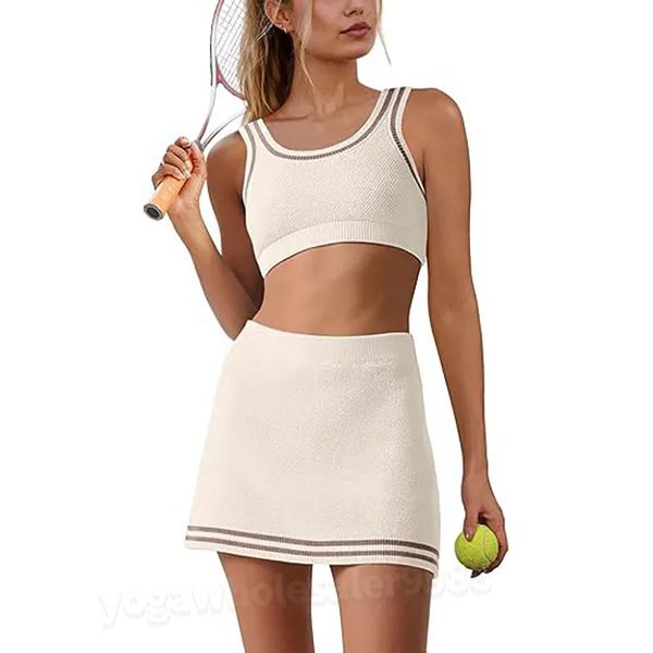 Waffle Set New Tennis Dress Sporty Outdoor Knitted Dress Set For Women Summer Two - piece Striped Sporty Casual Fashion Dress Set Exercise & Fitness Wear Yoga Set