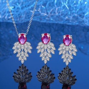 Elegant 925 Sterling Silver Red Ruby Leaf Necklace and Earrings Set for Women, Lightweight Luxury Jewelry
