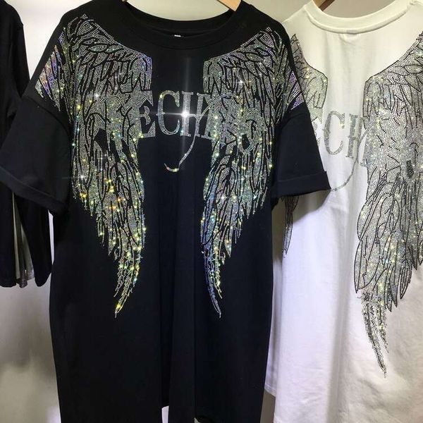 Plus Size 150kg Heavy Embroidered Rhinestone Short Sleeve T-Shirt for Women with Wings, Summer New Luxury Slimming Top