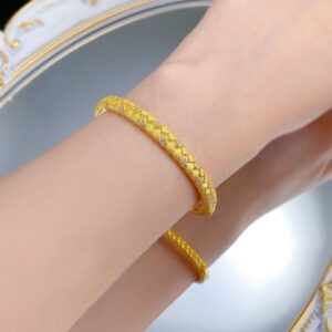 Elegant S925 Sterling Silver Gold-Plated Woven Wheat Stalk Bracelet with Polka Dot Design, Matte Texture, Luxury Braided Cuff for Women