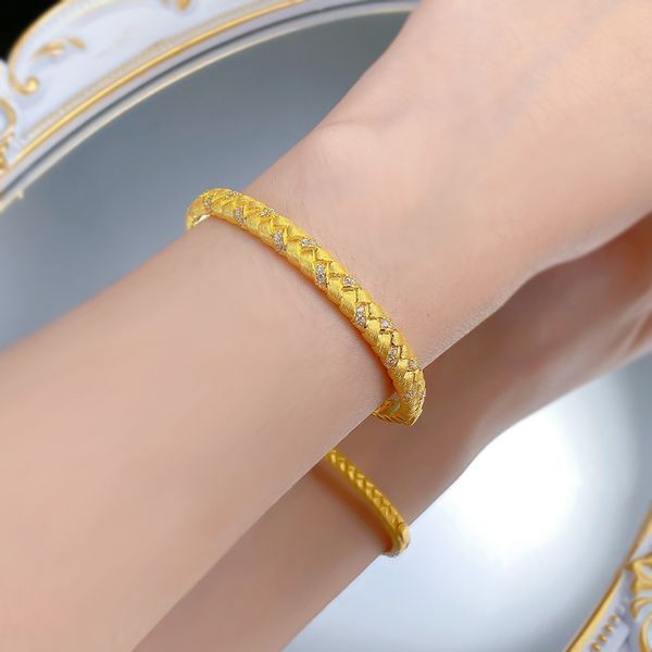 Elegant S925 Sterling Silver Gold-Plated Woven Wheat Stalk Bracelet with Polka Dot Design, Matte Texture, Luxury Braided Cuff for Women