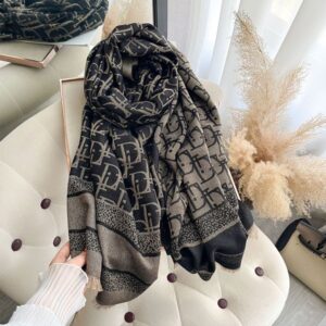 Lace-like cashmere jacquard double-sided scarf for women – Autumn/Winter. Gold thread trim. Street-style outerwear accessory for warmth. Silk scarf.