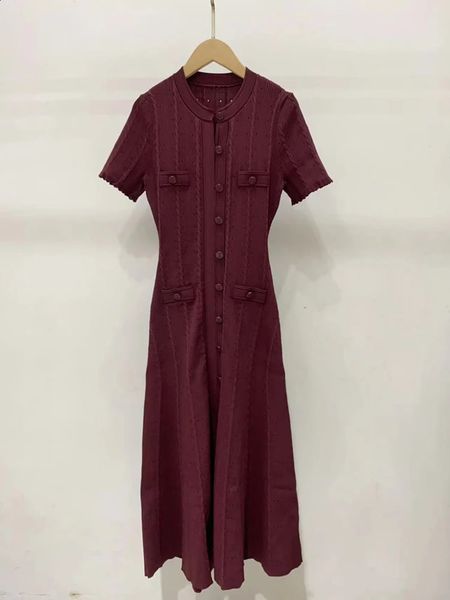 French Fashion Runway Knitt Single Breasted Mermaid Midi Dress Elegant Lady Ruffled Sleeve Hollow Out Slim Sweater 250305