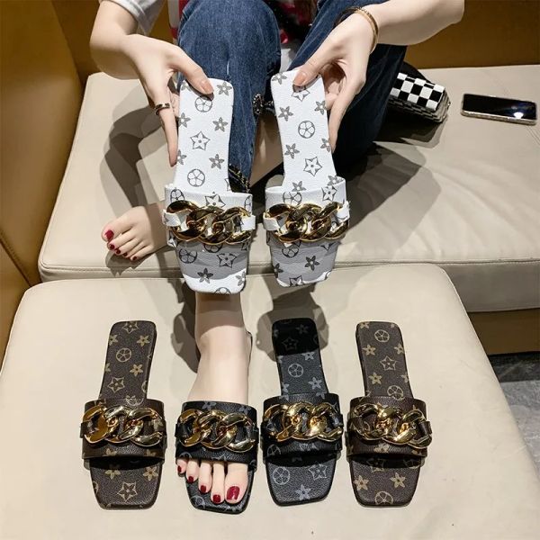 Free Shipping 2025 new slides designer Slippers womans flat sandals Peep Toe Metal Chain shoes Indoor home outdoor women
