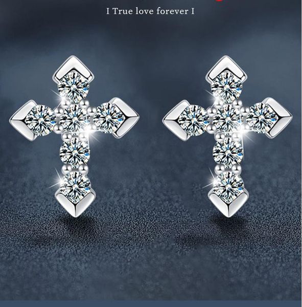 Silver Cross Stud Earrings with Moissanite 925 Sterling Silver Hypoallergenic 2024 New Trendy Elegant Earrings Fashion Accessories Birthday Gifts
