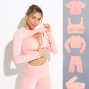 Hua'er Yuan European and American large size spring and summer seamless knitted yoga clothes long sleeves high waist hip lift fitness sports suit women