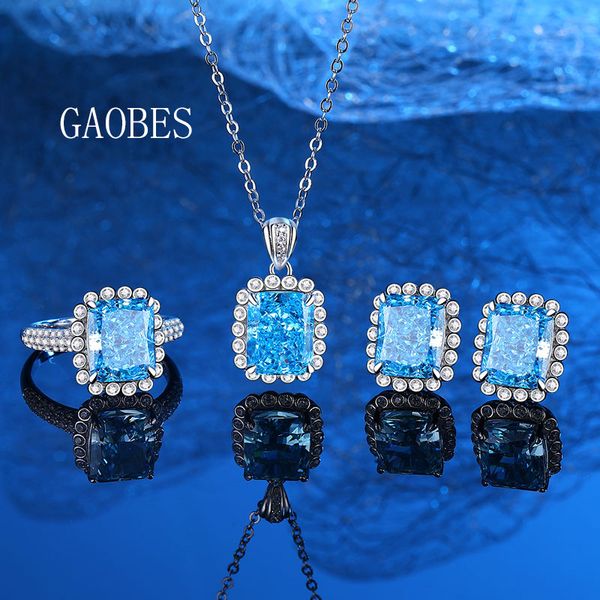 925 Sterling Silver Aqua Moissanite Jewelry Set with Necklace, Earrings, and Ring, High Carbon Diamonds for Women, Luxury Fashion Set