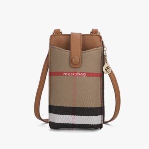 High grade leather mobile phone bag single shoulder crossbody bag new women's bag contrasting checkered canvas fashionable and versatile bag