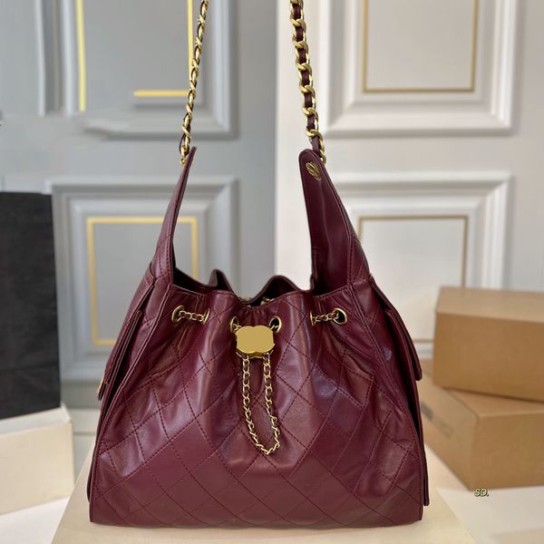 25c Tote Bag Drawstring Bucket Bag Women Shoulder Bag Leather/Denim Rib Check Gold Hardware Metal Buckle Mattilas Chain Handheld Crossbody Bag Shopping Sacoche 34cm