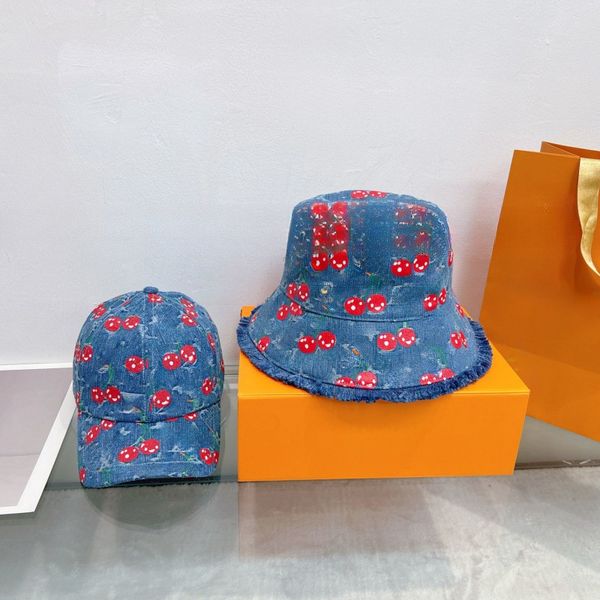 Designer Cherry baseball cap summer new fashionable women's basin hat denim washed versatile face enhancing small hat